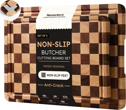 3 Packs Cutting Boards for Kitchen Checkered Cutting Board Acacia Wood Charcuterie Board Serving Heavy Duty Non Toxic Slip Butcher Block Wood Chopping Board with Juice Grooves Handles
