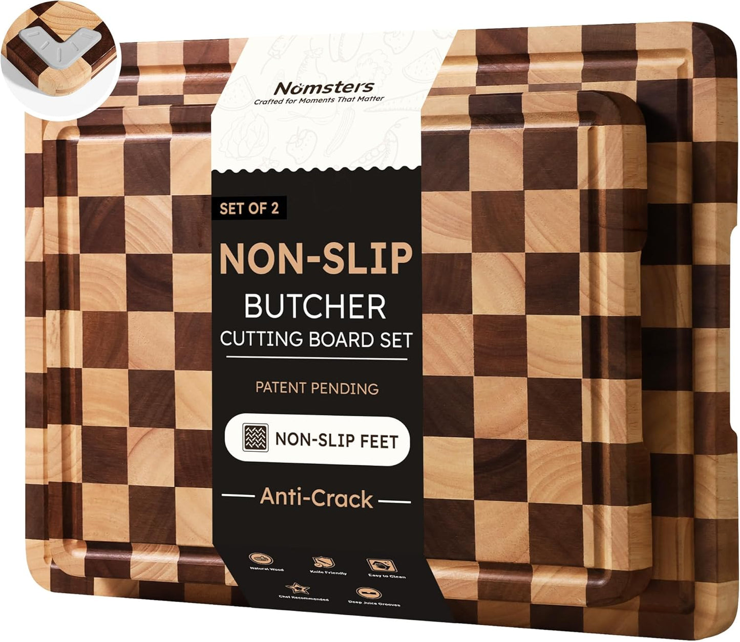 3 Packs Cutting Boards for Kitchen Checkered Cutting Board Acacia Wood Charcuterie Board Serving Heavy Duty Non Toxic Slip Butcher Block Wood Chopping Board with Juice Grooves Handles