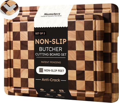 3 Packs Cutting Boards for Kitchen Checkered Cutting Board Acacia Wood Charcuterie Board Serving Heavy Duty Non Toxic Slip Butcher Block Wood Chopping Board with Juice Grooves Handles