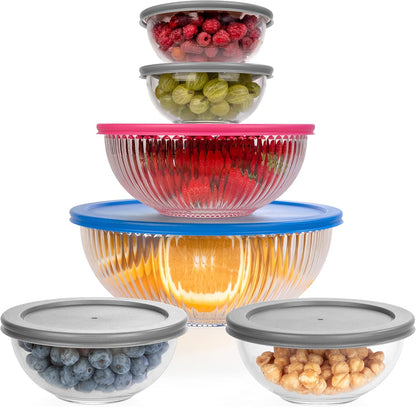Set of 4 Stackable Space-Saving Nesting Glass Bowls with Airtight Acacia Lids for Lunch, Meal & Food Prep - Microwave & Oven-ready BPA Free Durable Heat Resistant Inert Borosilicate Glass