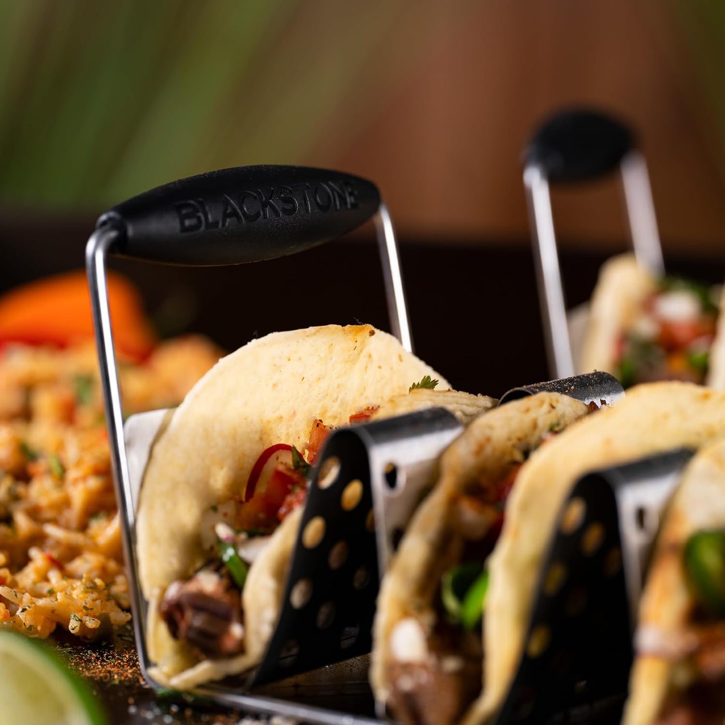 BLACKSTONE 5551 Deluxe Taco Holder Stand Pack of 2 - Stainless Steel Taco Racks With Heat Resistant Handles - One Tray Holds 6 Tacos - Dishwasher Safe, Black/Silver