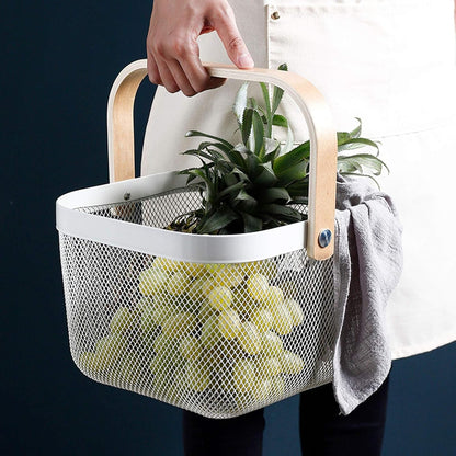 AJIODA Metal Mesh Steel Basket, Storage Organizer Basket Multi-functional Hanging Kitchen Baskets Fruit Basket Bin with Bamboo Handle for Kitchen Bathroom Picnic Shopping Decor Cabinet Home, Blue