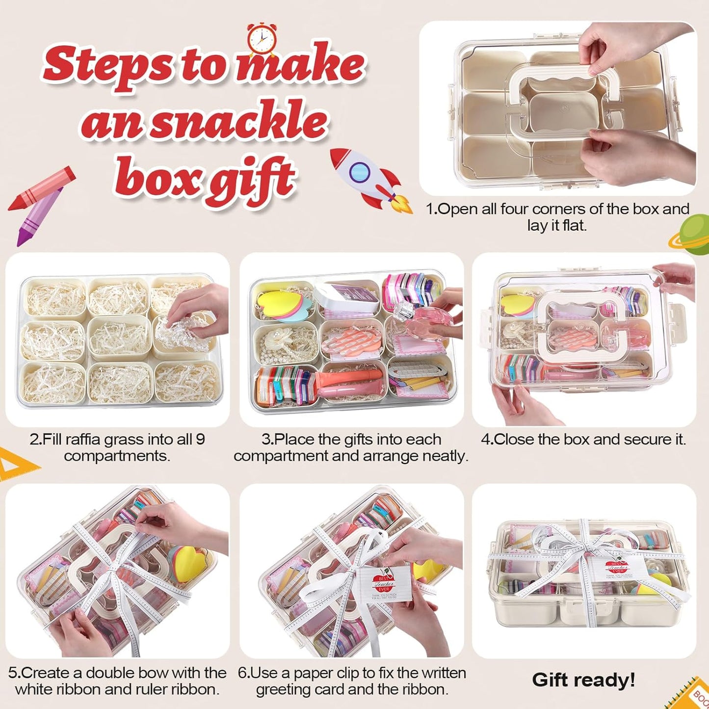 Qunclay 2 Set Teachers Appreciation Gift Boxes Container Divided Serving Tray with Lid and Handle Snack Organizer with Apple Cards and Ribbon for National Teacher Week Appreciation End of Year Gifts