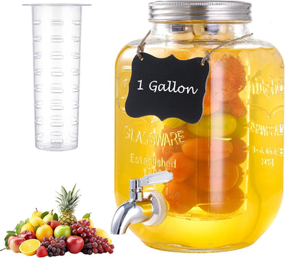 1 Gallon Glass Beverage Dispenser Set of 2 with Stand & Fruit Infuser, Stainless Steel Spigot, Beverage Dispenser for Parties, Weddings, BBQs, Lemonade, Sun Tea, Juice & Cold Drinks