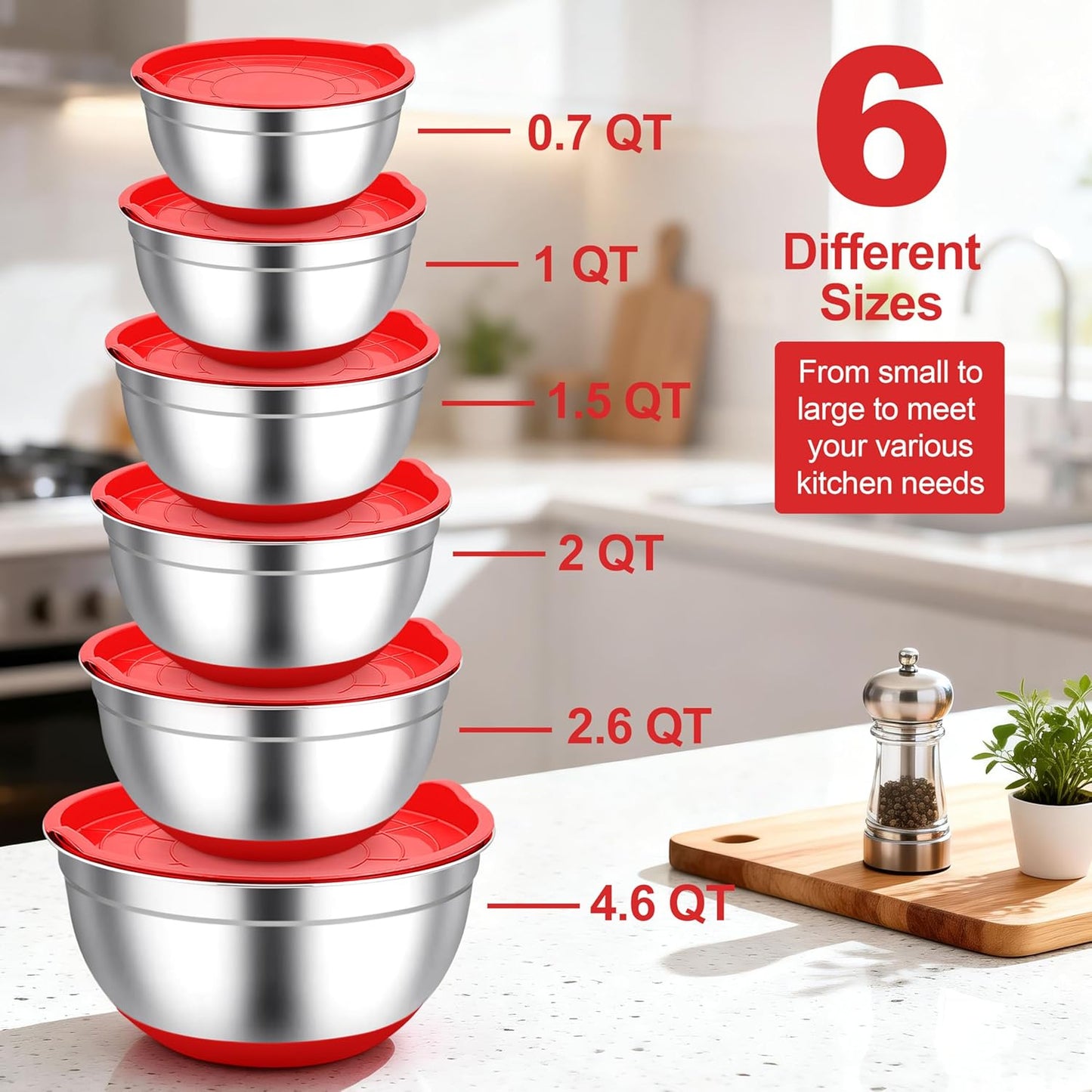 TeamFar Mixing Bowls, Stainless Steel Mixing Bowls with Lids, Nesting Salad Bowls with Air-tight Lids & Non-slip Bottom, Dishwasher Safe & Stackable, Set of 6-4.6/2.6/2 / 1.5/1 / 0.7 Qt