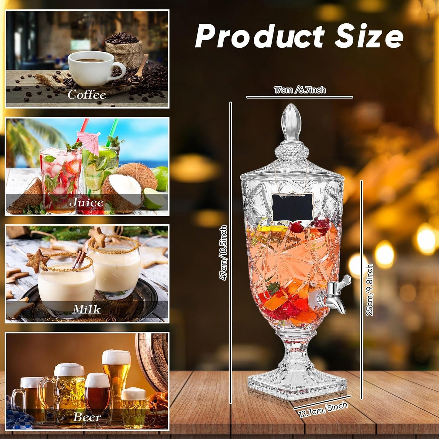 Zhehao 2 Pcs Drink Dispensers for Parties 1.3 Gallon Glass Beverage Dispenser Clear Vintage Crystal Iced Beverage Dispenser with Spigot and 2 Wooden Chalkboard Wide Mouth Beverage Server for Bar Home