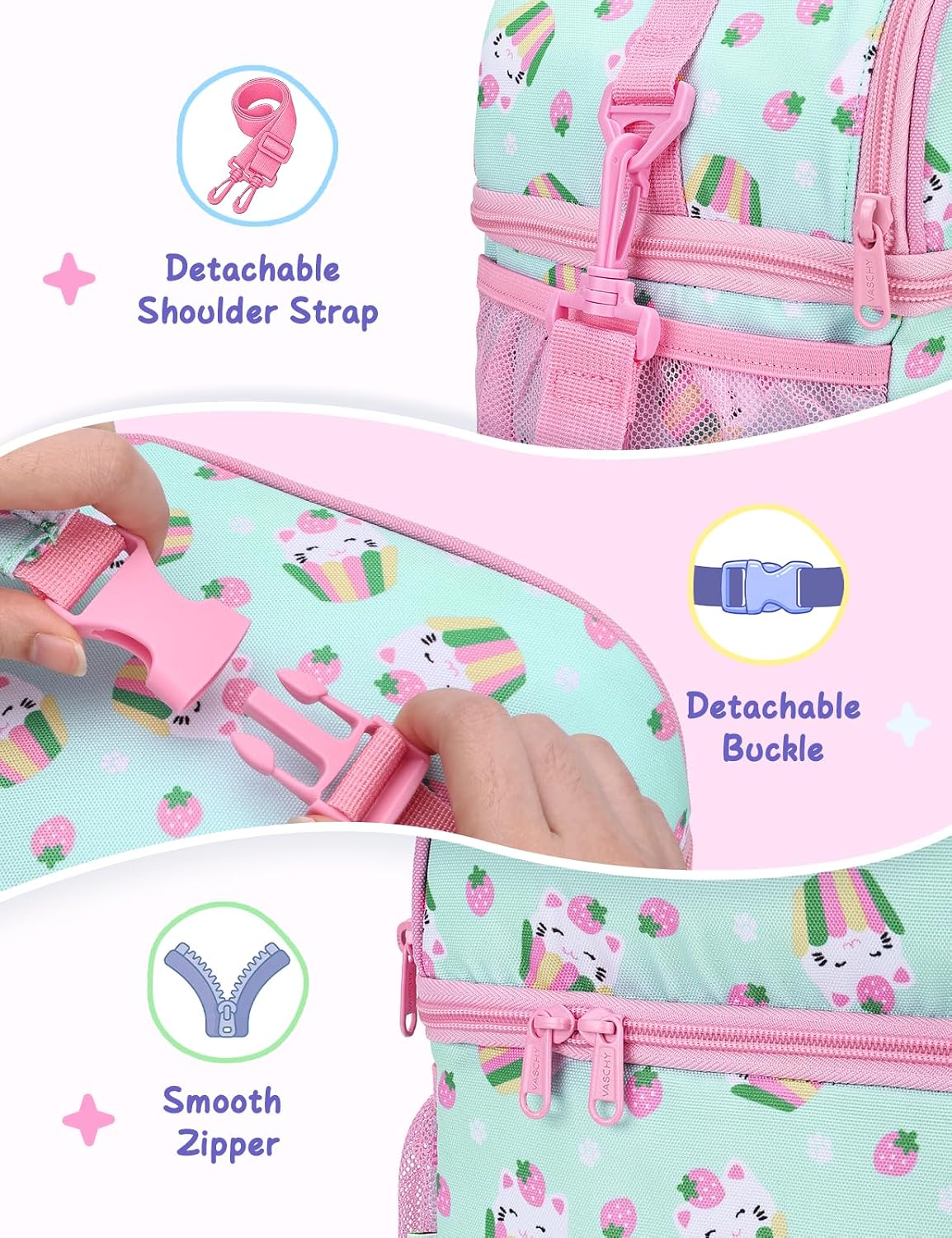 VASCHY Lunch Box Bag for Kids, Insulated Double Compartments Cooler Lunch Tote for Toddlers Boys Girls School/Daycare/Picnic Black Dinos