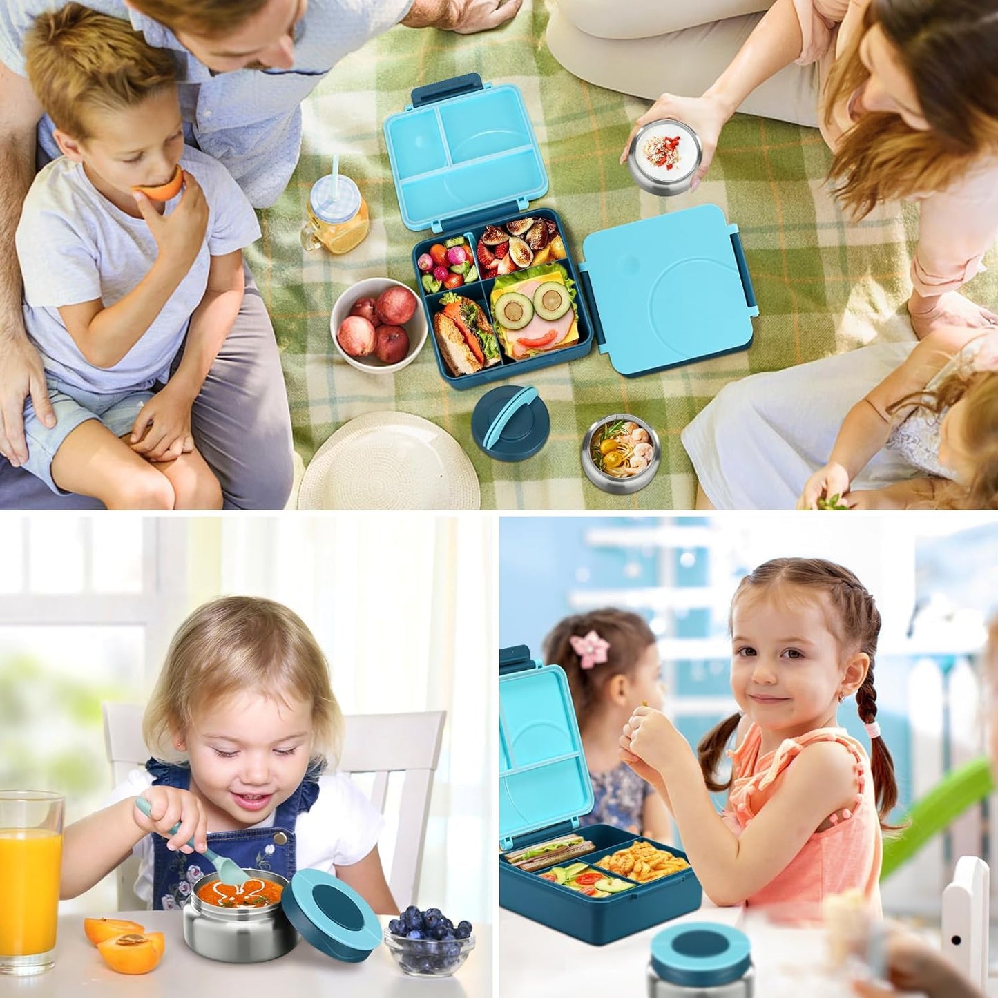 Bento Lunch Box Set for Kids with 8oz Soup Thermo, Leak-Proof Lunch Containers with 4 Compartment, Kids Thermo Hot Food Jar and Insulated Lunch Bag for Kid to School-Black