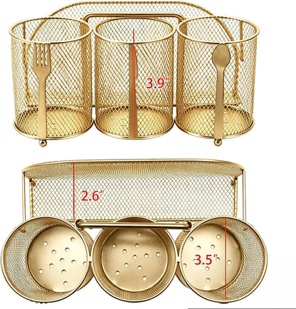 Silverware Organizer Utensil Caddy - 4 Compartment Metal Cutlery Holder Flatware Storage Basket Fork Spoon Napkin Paper Plate Kitchen Countertop Party Picnic Camping Buffet Outdoor (Gold)
