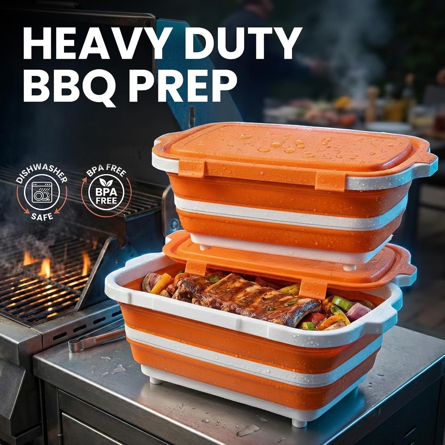 BBQ Prep Tub 2 Pack (8L+8L) - Multifunctional Collapsible Camping Cutting Board with Upgraded Locking Lid, Meal Prep Meat Storage Container Perfect for Grilling, Outdoor Cooking (Large x 2)