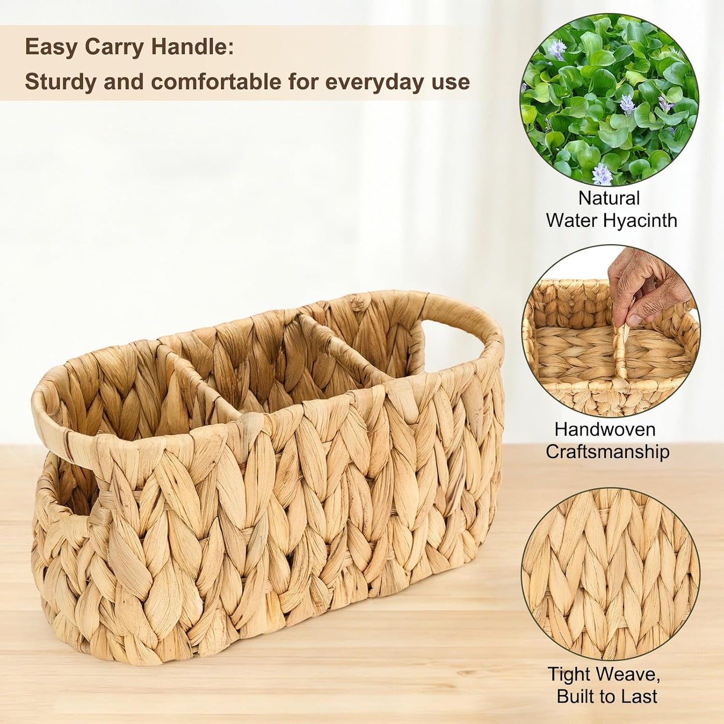 Water Hyacinth Utensil Caddy with Handle, 4 Compartments Woven Cutlery Organizer, Portable Flatware Holder for Outdoor Picnic, BBQ, Camping, Kitchen Counter & Party Table
