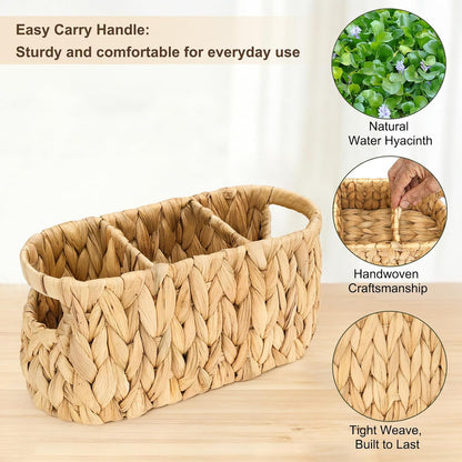 Water Hyacinth Utensil Caddy with Handle, 4 Compartments Woven Cutlery Organizer, Portable Flatware Holder for Outdoor Picnic, BBQ, Camping, Kitchen Counter & Party Table