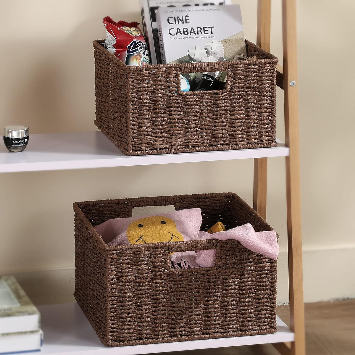 HOONEX Water Hyacinth Storage Baskets, Wicker Baskets for Storage, Hand Woven Baskets with Carry Handles, Set of 2, Natural