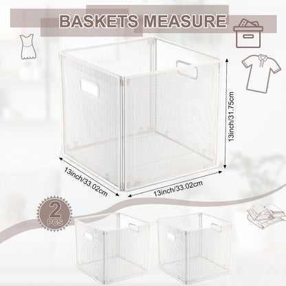 Funnymoom 2 Pcs Foldable Metal Wire Basket 13 x 13 Inch Black Cube Storage Bins Stackable Wire Laundry Baskets Organizer with Handle for Shelves Pantry Cabinet File Graduation Gift