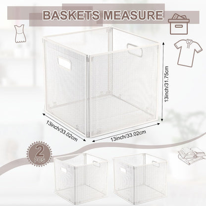 Funnymoom 2 Pcs Foldable Metal Wire Basket 13 x 13 Inch Black Cube Storage Bins Stackable Wire Laundry Baskets Organizer with Handle for Shelves Pantry Cabinet File Graduation Gift