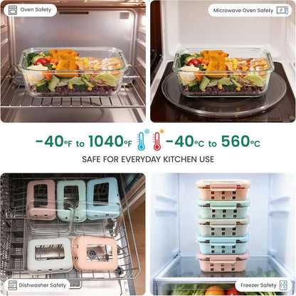 GENICOOK Glass Food Storage Containers With Glass Lids Bento Box Set Lunch Box Eco Friendly Meal Prep Containers Airtight – Plastic Free, Silicon Sleeve Bpa Free 4.4cup/ 5 * 1050ml