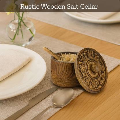 Mie Creations Rustic Salt Box Cellar with Lid & Spoon, Mango Wood Floral