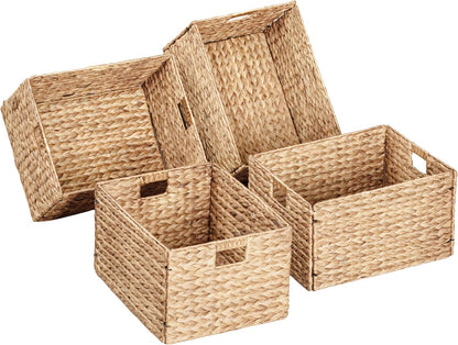 eHemco Trapezoid Woven Hyacinth Wicker Pantry Storage Baskets with Iron Wire Frame, 13.25"x9"x7/3.5", Natural, Set of 2