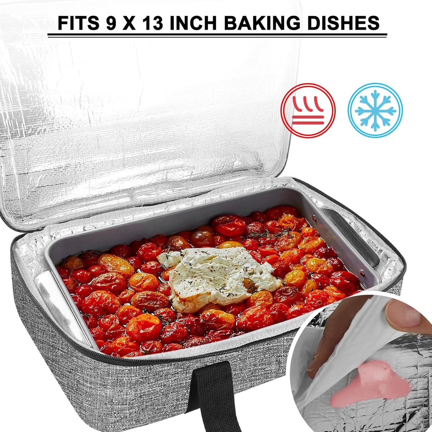 esouler Insulated Casserole Carrier - Casserole Carriers for Hot or Cold Food - Lasagna Lugger Dish Carrier, Thermal Lunch Bag for Potluck Parties, Picnic, Travel, Fits 9" x 13" Baking Dish, Grey
