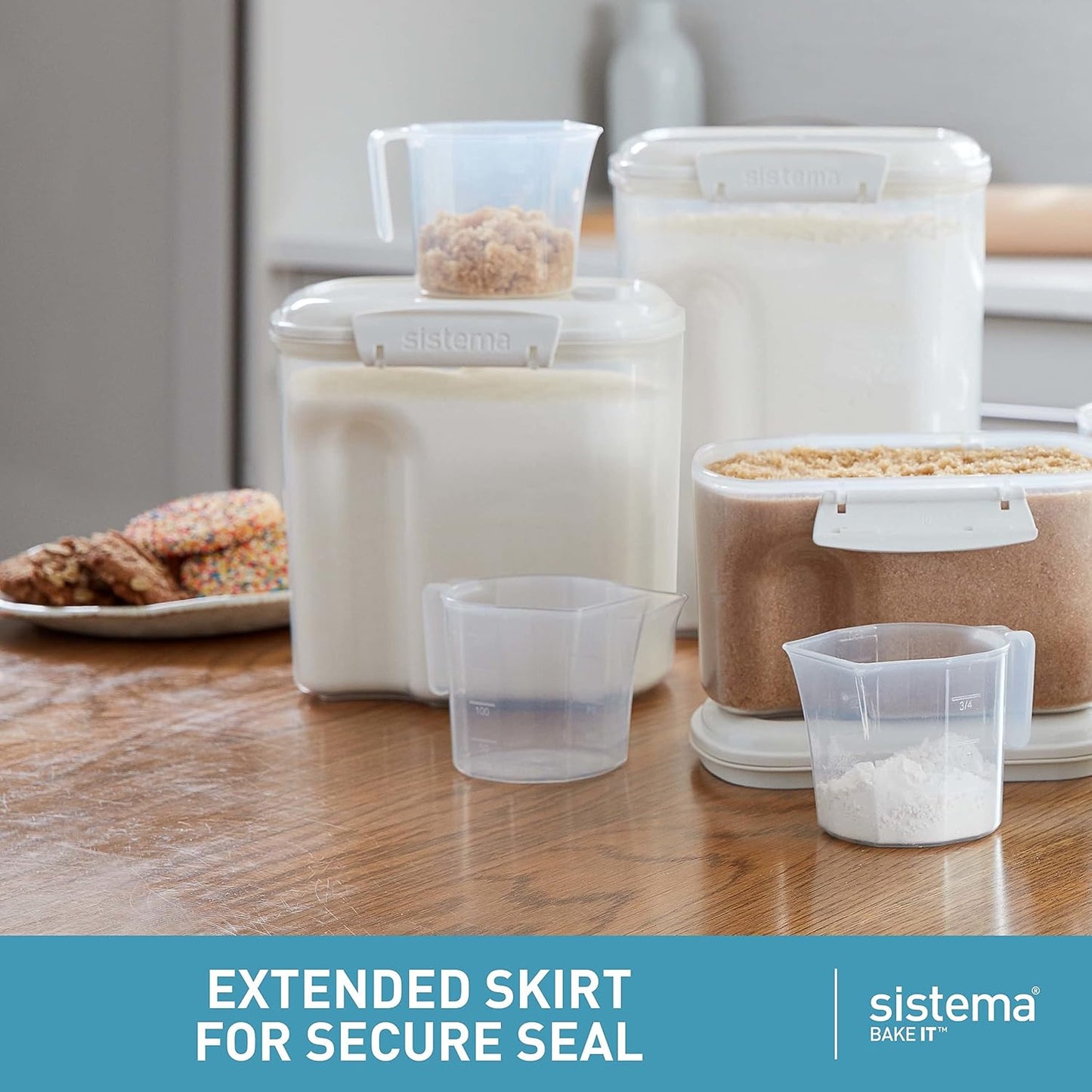 Sistema Flour and Sugar Storage Containers for Pantry with Lids and Measuring Cup, Dishwasher Safe, 13.7-Cup, White