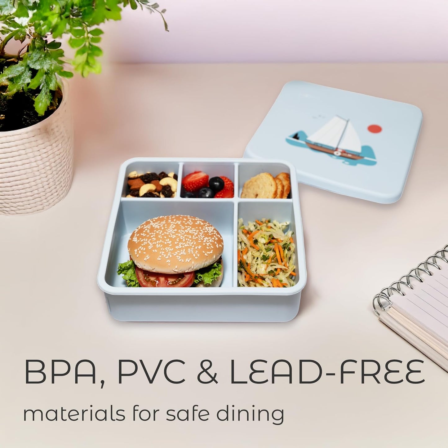ASOMIC Large Silicone Bento Box, 5 Compartments, Leakproof Lunch Container, BPA-Free, Microwave & Dishwasher Safe, For Work, School & Travel (Ivory)