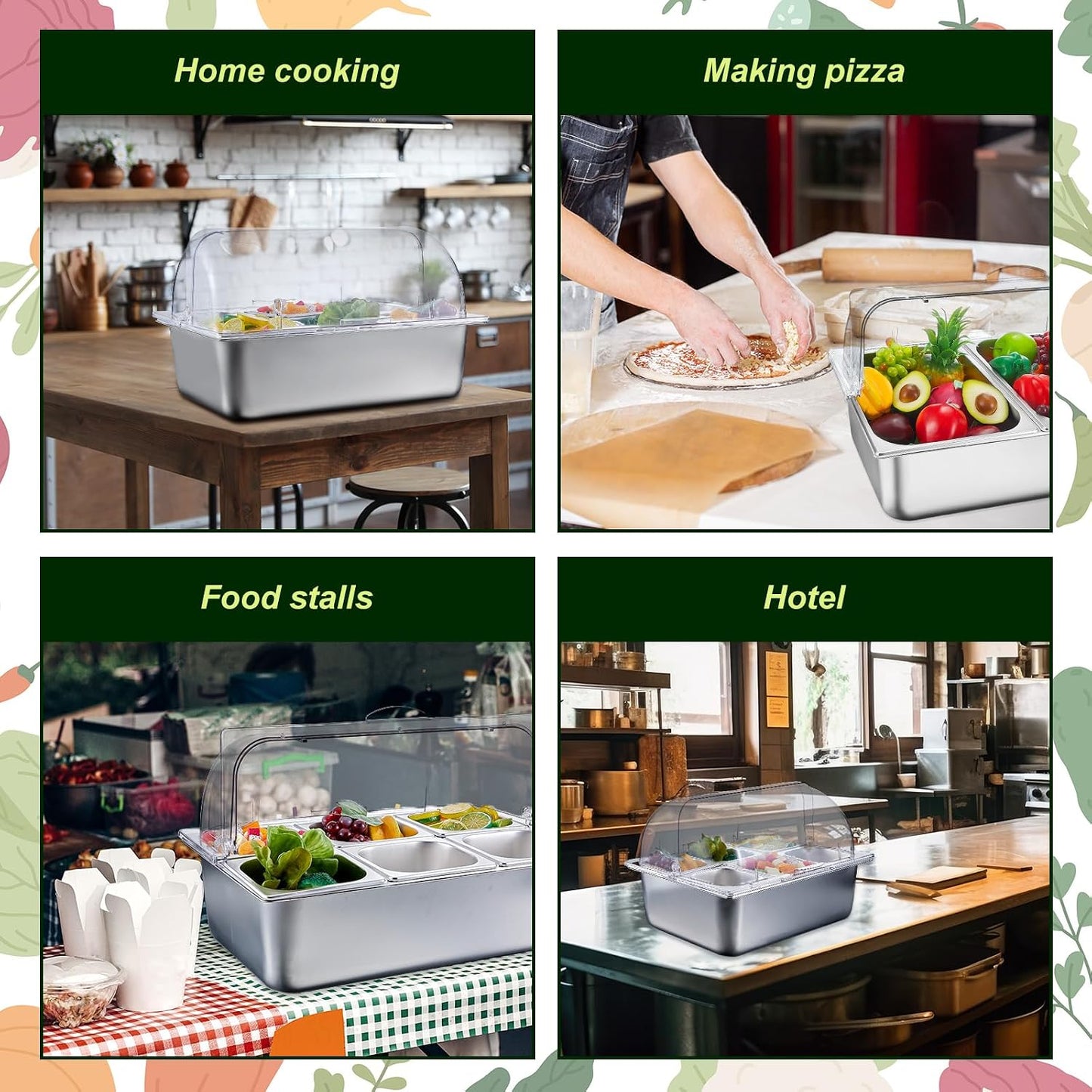Condiment Tray Stainless Steel Serving Display Set with Lid for Buffet Restaurant Kitchen, Food Chilled Container for Salad Fruit Condiments, Keeps Food Fresh with Ice Box(6 Compartments)