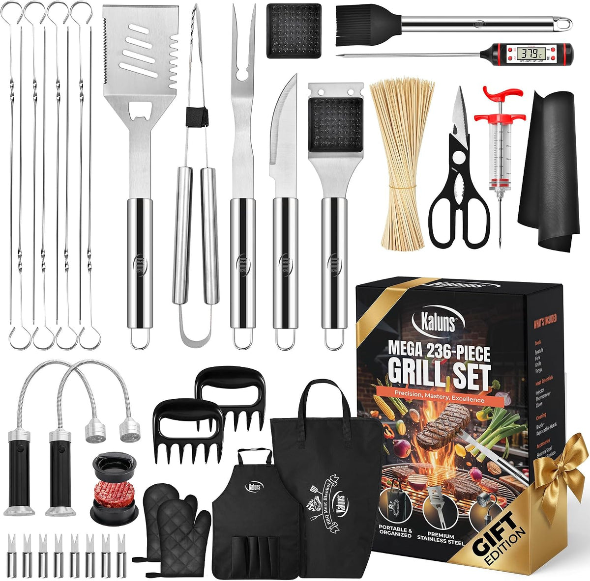 Kaluns BBQ Grilling Accessories, Grilling Gifts for Men Dad, Grill Tools for Outdoor Grill, Heavy Duty Stainless Steel Grill Set with Spatula, Tongs, Fork, Brush, & Grilling Mat, Best BBQ Gifts