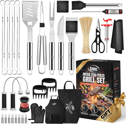 Kaluns BBQ Grilling Accessories, Grilling Gifts for Men Dad, Grill Tools for Outdoor Grill, Heavy Duty Stainless Steel Grill Set with Spatula, Tongs, Fork, Brush, & Grilling Mat, Best BBQ Gifts
