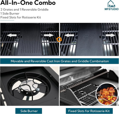 MFSTUDIO 5 Burner Gas Grill Griddle Combo with Porcelain-Enameled Cast Iron Grates,Cutting Board and Double Lids, Duel-Function Propane BBQ Grills with Flat Top Grddle for Outdoor Barbecue Cooking
