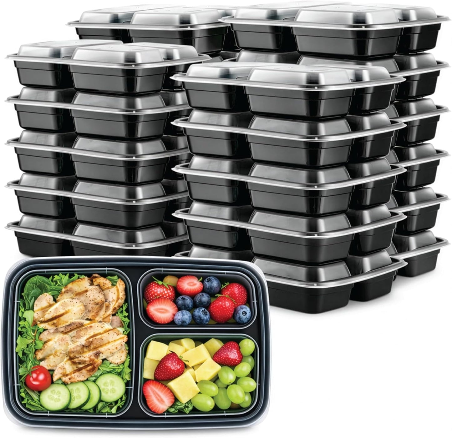 Uni-Pak 50 Pack (100-Piece) Meal Prep Containers with Lids, Reusable 3-Compartment 24 oz BPA-Free Food Storage, Sturdy Leakproof & Food Safe, Microwave Freezer Dishwasher Safe