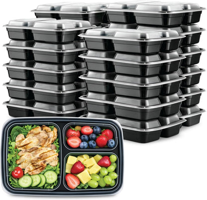 Uni-Pak 50 Pack (100-Piece) Meal Prep Containers with Lids, Reusable 3-Compartment 24 oz BPA-Free Food Storage, Sturdy Leakproof & Food Safe, Microwave Freezer Dishwasher Safe