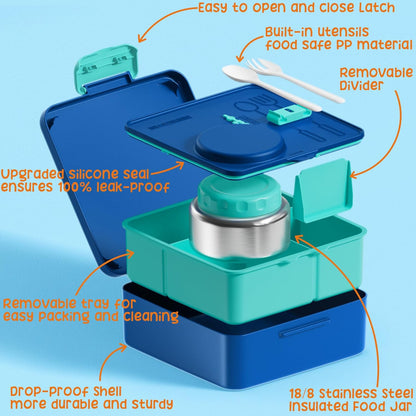 Fimibuke Bento Box for Kids Adult, BPA Free & Leakproof Toddler Lunch Box with 8.5oz Insulated Thermo Food Jar, Utensils & Sauce Jar, Dishwasher Safe 3 or 4 Compartment Container for School Girls Boys