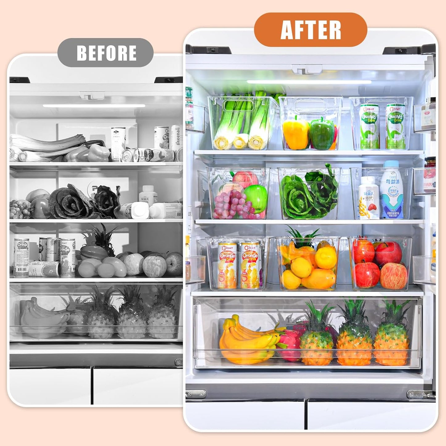 Freebat 12 Pack Middle Organizers and Storage, Pantry Organization and Storage Bins, Cabinet Organizer, Clear Plastic Storage Containers with Handle，Acrylic Storage Bins for Cabinet, Fridge