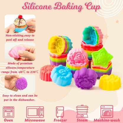 R HORSE 42Pcs Silicone Molds Cupcake 2 Inch Mini Size Reusable Muffins Liners Washable Non-Stick Donut Wrapper Mold Flower Shapes Baking Cups for Pan Oven Microwave Dishwasher