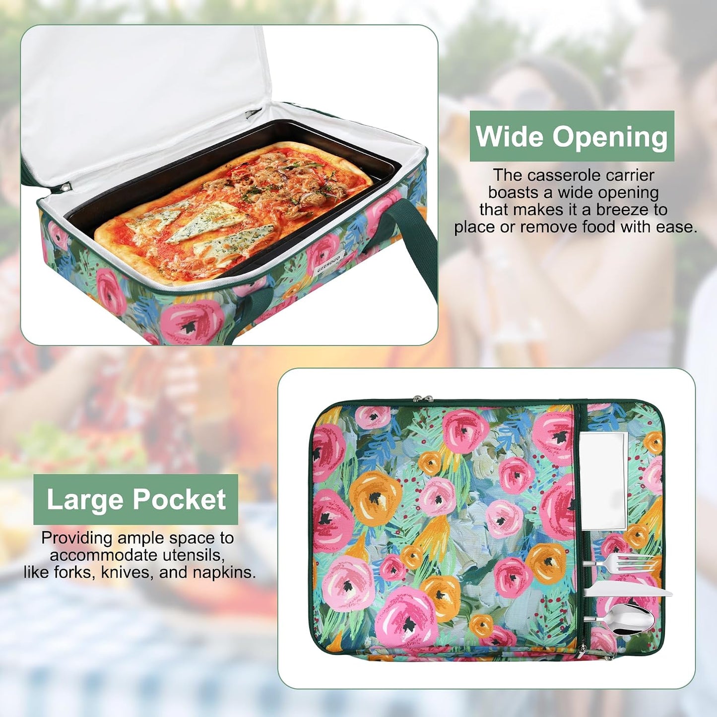 Double Decker Insulated Casserole Carrier, Expandable Thermal Food Warmer Bag Fits 9x13 Dish, Leak-Proof Potluck Lasagna Holder with Utensil Pocket for Picnic Party Cookout (Blue)
