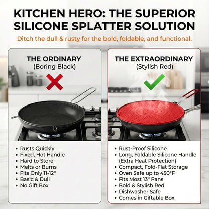 Silicone Splatter Screen for Frying Pan, 13” Navy – Grease & Oil Splatter Guard, Heat Resistant, Dishwasher Safe, Foldable Handle with Sleeves – Splash Guard Fits 10–12” Pans, Most 13” Skillets