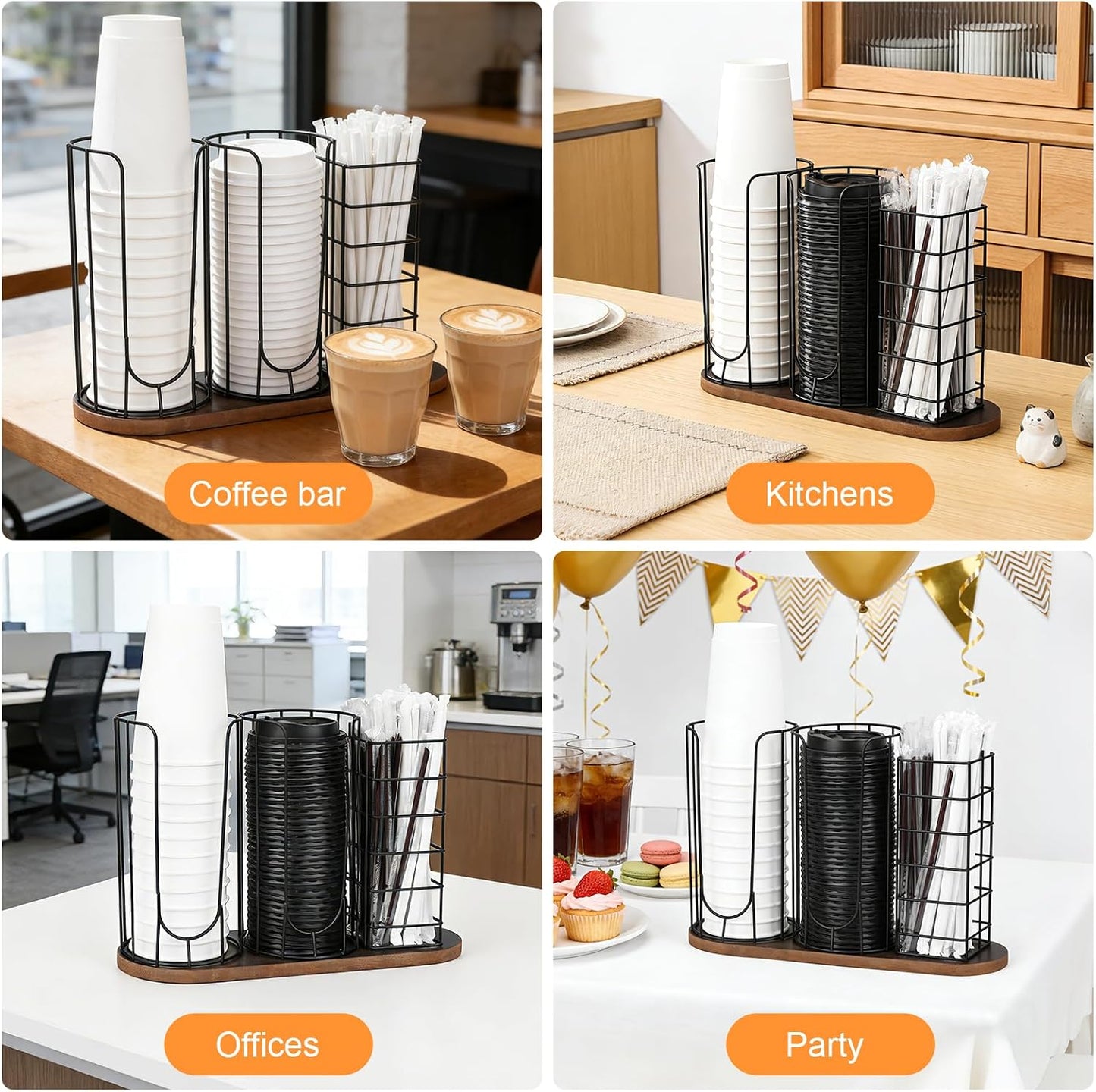 Coffee Cup and Lid Holder with Wooden Base, 3-Slot Coffee Station Organizer Dispenser for Paper Plastic Cups, Lids & Straws, U-Shape Metal Wire Coffee Bar Storage for Countertop, Office, Kitchen