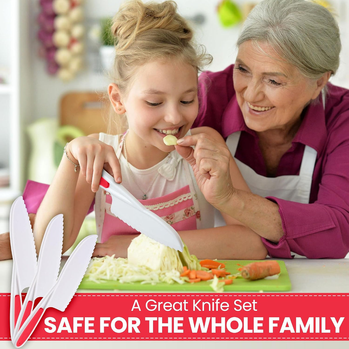 Zulay Kitchen 3-Piece Kids Knife Set for Real Cooking & Baking - Toddler Knives for Cutting Fruits, Veggies, & Cake - Children’s Montessori Knive with Serrated Edges - Safe & Fun Lettuce Knife (Red)