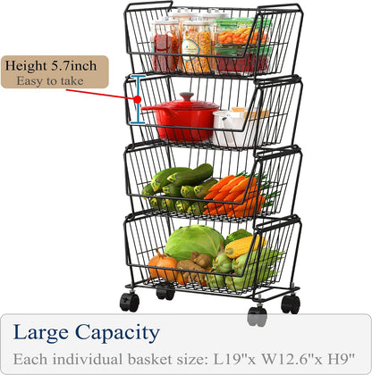 PUSDON 4-Tier Spacious Stackable Wire Storage Baskets with Wheels, Metal Rolling Utility Cart Organizer, Fruit and Vegetable Produce Basket for Kitchen Pantry, Everyday Bathroom Shelf, Silver Grey