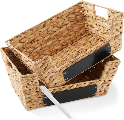Casafield Set of 2 Water Hyacinth Pantry Baskets with Handles, Chalkboard Labels, and Marker - Espresso, Wide Woven Storage Bin Organizers for Kitchen Shelves