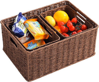 HOONEX Water Hyacinth Storage Baskets, Wicker Baskets for Storage, Hand Woven Baskets with Carry Handles, Set of 2, Natural
