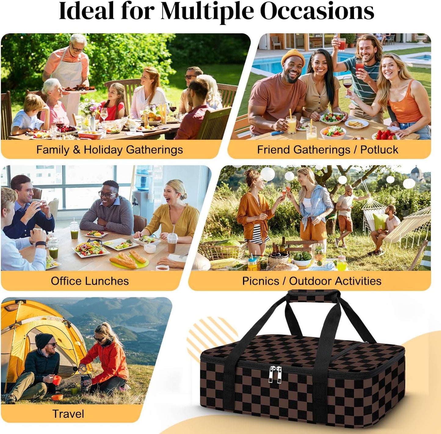 Coobiiya Insulated Casserole Carrier,Lasagna Lugger Tote Keeps Food Hot or Cold,Thermal Lunch Bag Warmer & Cooler Carrier Bag,Portable Tote Bag Fits 9" x 13" Baking Dish for Picnic and Cookout