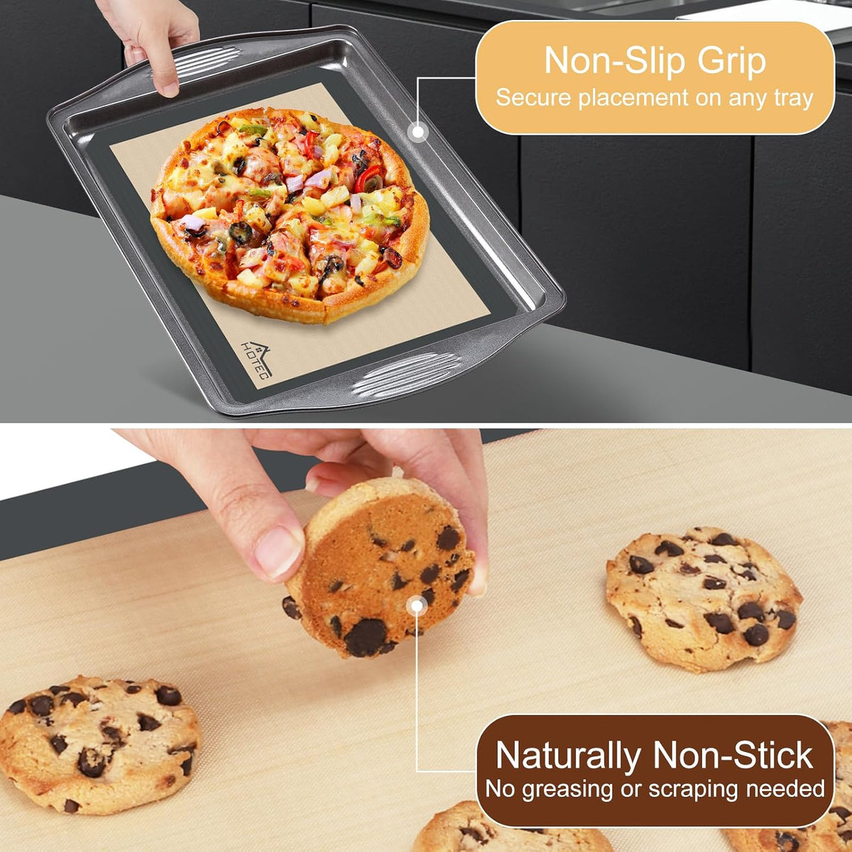 HOTEC Silicone Baking Mats 3 Pack – Non-Stick Reusable Silicone Baking Sheets for Oven – Cookie & Macaron Mats – 2 Half Sheet + 1 Quarter Sheet – BPA-Free, Dishwasher Safe