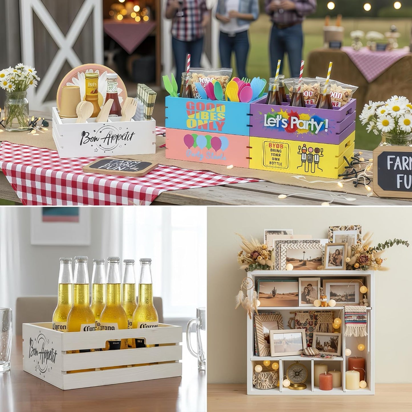 Utensil Holder for Party Farmhouse Crate Look - White Napkin Paper Plate Dispenser for Countertop - Silverware Caddy for Plate, Cup, Fork, Spoon - Flatware Box Organizer for Outdoor Camping Picnic