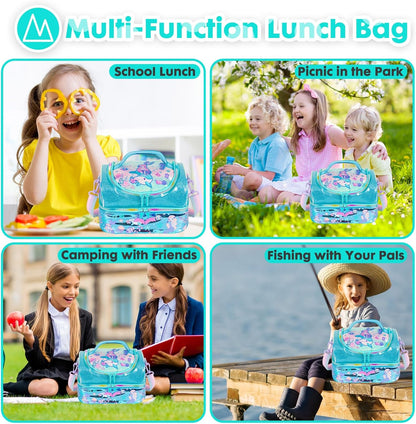 Kids Double Decker Cooler Insulated Lunch Bag, Back to School Large Meal Tote for Boys, Girls, Men, Women, with Adjustable Strap, Soccer