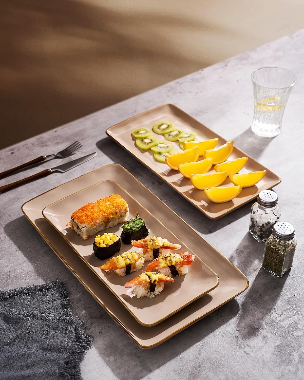 Famiware Serving Platter, Rectangular 15.67/14.1/12.6inch Serving Dishes for Entertaining, Microwave Dishwasher Safe, Stoneware Serving Trays for Party, Turkey, Cheese, Ocean Series, Cappuccino White