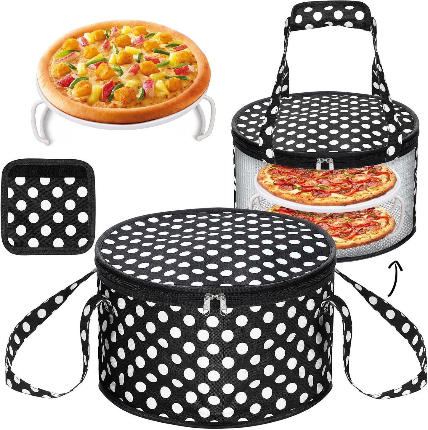 Pickmesh Round Pie Carrier 12 x 7 Inch Insulated Casserole Carriers with Lid and Detachable Handle for Hot or Cold Food Cake Transport Thanksgiving Christmas Gift(Cyan White Zigzag)
