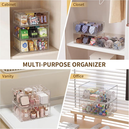 2 Pack Clear Tea Bag Organizer, Stackable Drawer Organizer with Dividers for Pantry Bathroom Vanity Kitchen - Cabinet Countertop Shelf Plastic Storage Bins for Coffee/Makeup/Cosmetic/Crafts/Jewelry