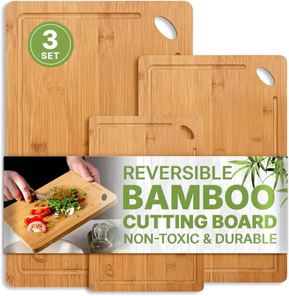 Wood Cutting Boards Set of 3 – Non-Toxic Bamboo Chopping Boards for Kitchen with Deep Juice Grooves – Durable, Eco-Friendly Wooden Serving Boards for Meat, Vegetables & Fruit