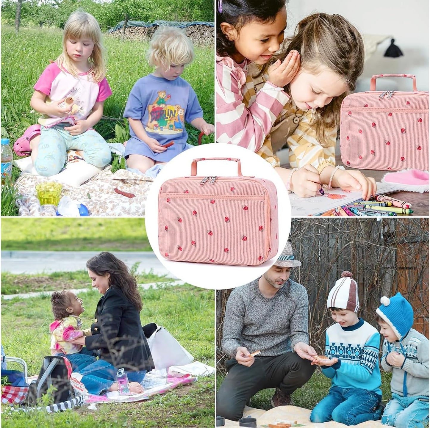 Bluboon Insulated Lunch Bag for Girls & Boys, Corduroy School Lunch Box with Cooler & Organizer Compartments, Leak-Proof Lunch Tote for School, Travel (Corduroy Strawberries Beige)